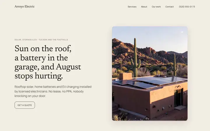 The Arroyo Electric homepage, a electrical site in the bone palette set in newsreader
