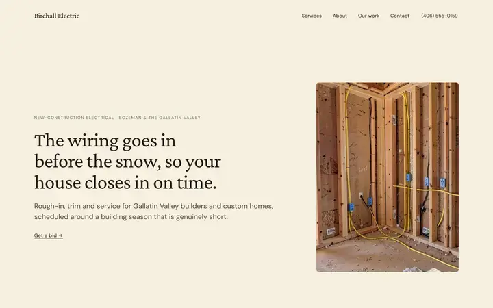 The Birchall Electric homepage, a electrical site in the ochre palette set in crimson pro