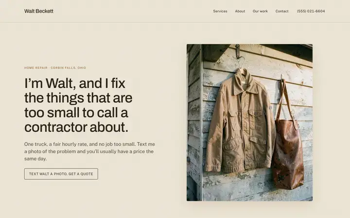 The Beckett homepage, a handyman site in the clay palette set in archivo