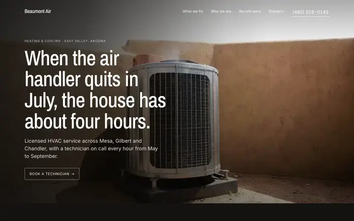 The Beaumont Air homepage, a heating and cooling site in the hivis palette set in archivo narrow