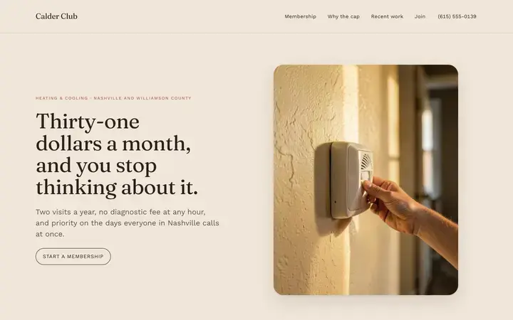The Calder Club homepage, a heating and cooling site in the clay palette set in fraunces