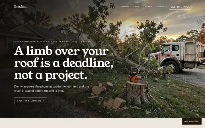 The Bracken Tree & Storm Work homepage, a landscaping site in the umber palette set in young serif