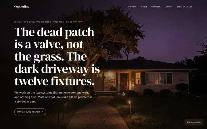 The Copperline Irrigation & Light homepage, a landscaping site in the rust palette set in dm serif display