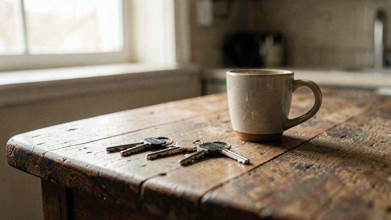 A kitchen table in early morning light with a coffee mug and a ring of house keys
