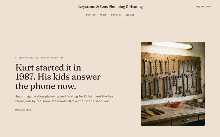 The Bergstrom & Sons homepage, a plumbing site in the clay palette set in fraunces