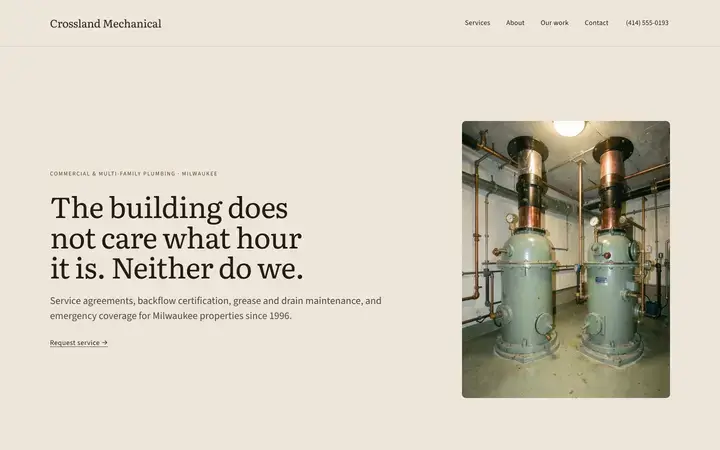 The Crossland homepage, a plumbing site in the umber palette set in literata