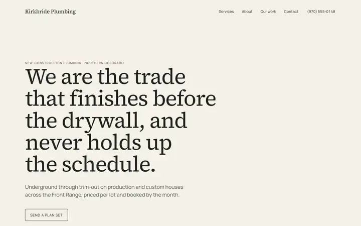 The Kirkbride homepage, a plumbing site in the bone palette set in source serif 4